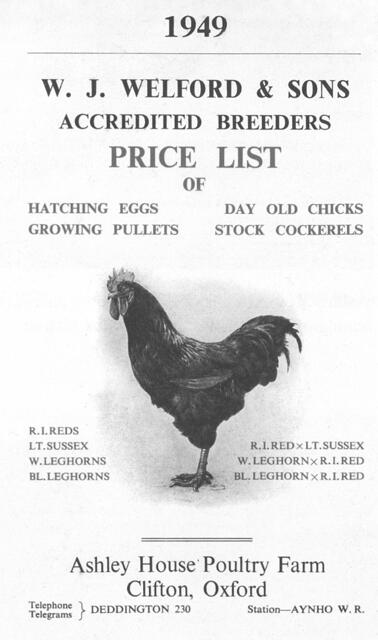 A 1949 price list, with a Rhode Island Red